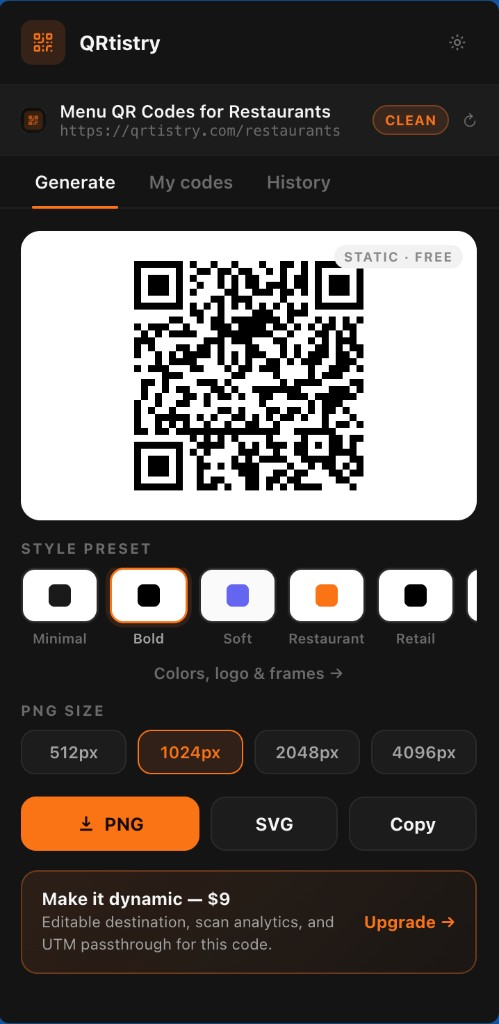 QRtistry Companion Chrome extension popup — generate a styled QR from the current tab